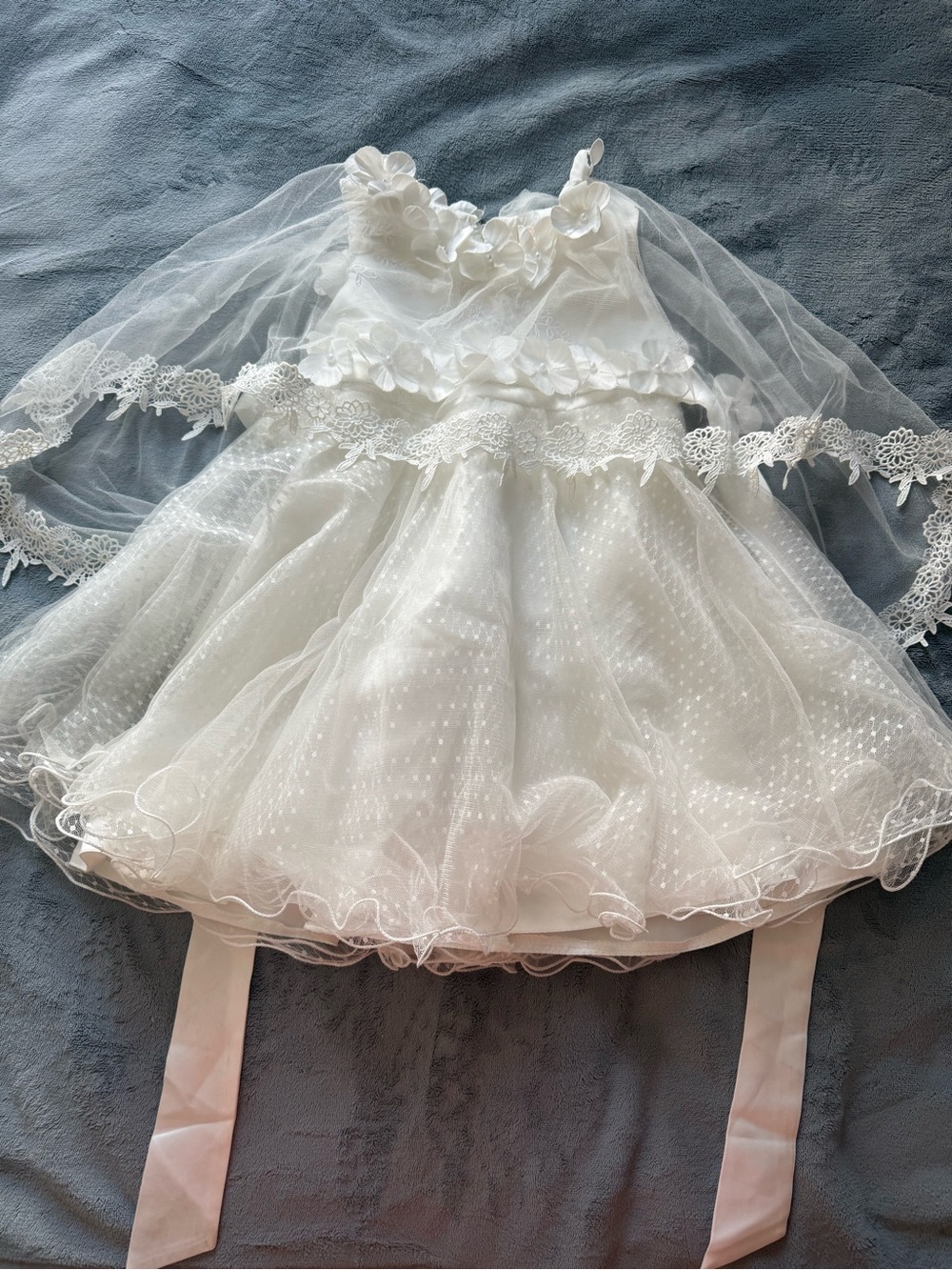 Girls' White Floral Tulle Party Dress with Veil